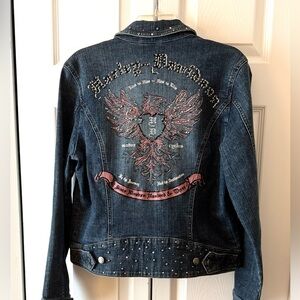 Harley-Davidson Denim Jacket with Studs and Pink Embroidery, Size Large